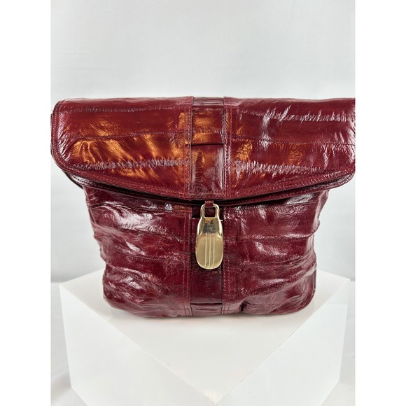 Burgundy Eel Skin Leather Shoulder Bag Unique Gold Clasp Purse Handbag - Picture 1 of 11